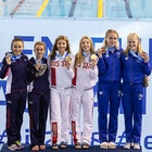 Hallaselkä ja Paloheimo parihyppyjen palkintojenjaossa. Kuva: LEN European Junior Championships 2018 in Helsinki and Tampere.